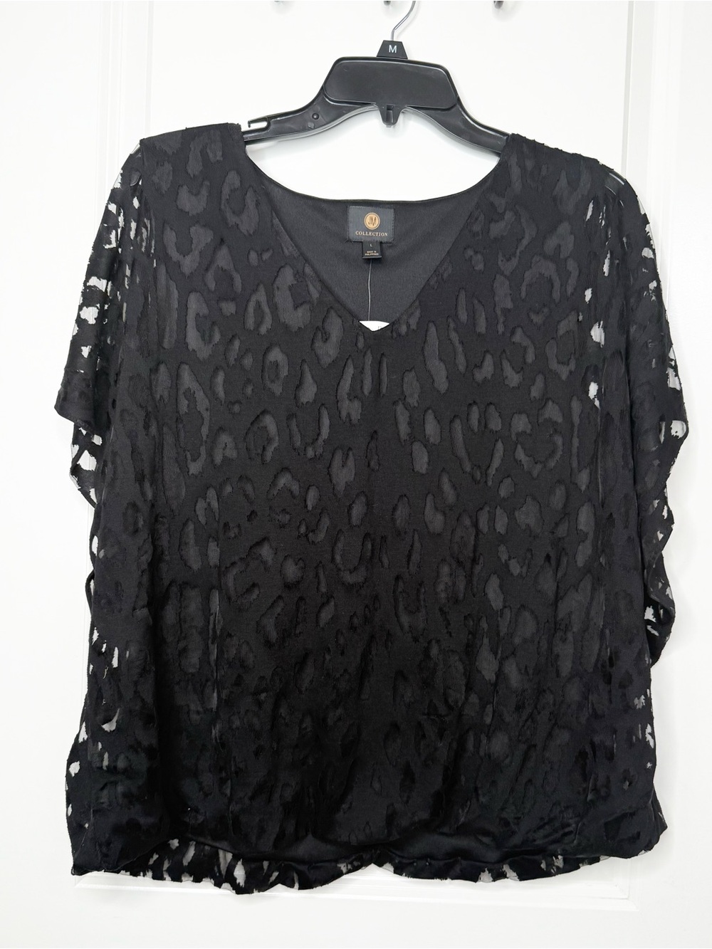 JM Collection Jungle Beat Womens L Black Leopard Burnout V Neck Blouse Sheer Top